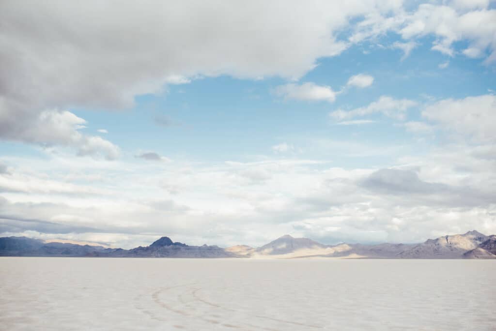 A view over the beautiful Bonneville Salt Flats on a sunny day with blue sky